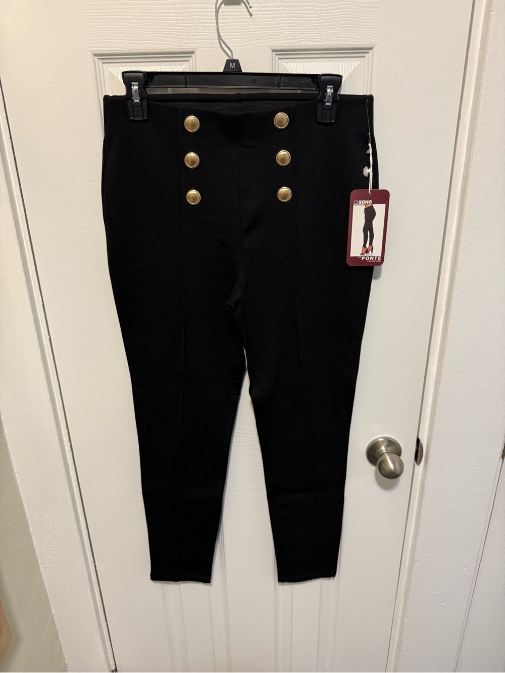 Size L Cisono Black Ponte Skinny Pants Gold Button NWT